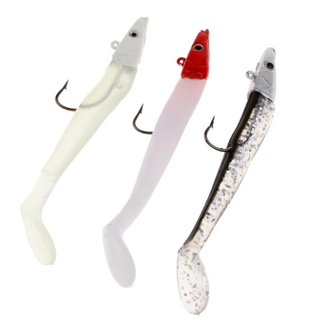 Señuelos de pesca biónicos, 3 uds., lentejuelas suaves con anzuelos afilados para lubina, perca Rojo luminoso negro Cola Ayudar a los ganchos Lentejuelas Señuelos para peces