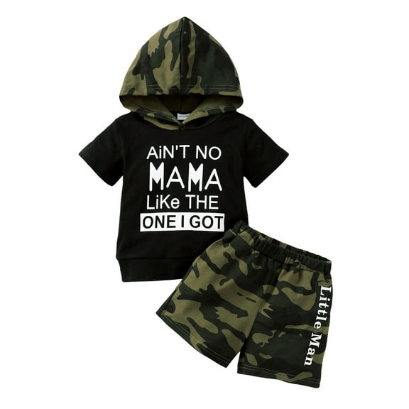 Mikrdoo 3 Years Toddler Baby Boys Outfits Letter Print Hoodies Camouflage Elastic Shorts 2Pcs Summer OOTD Black