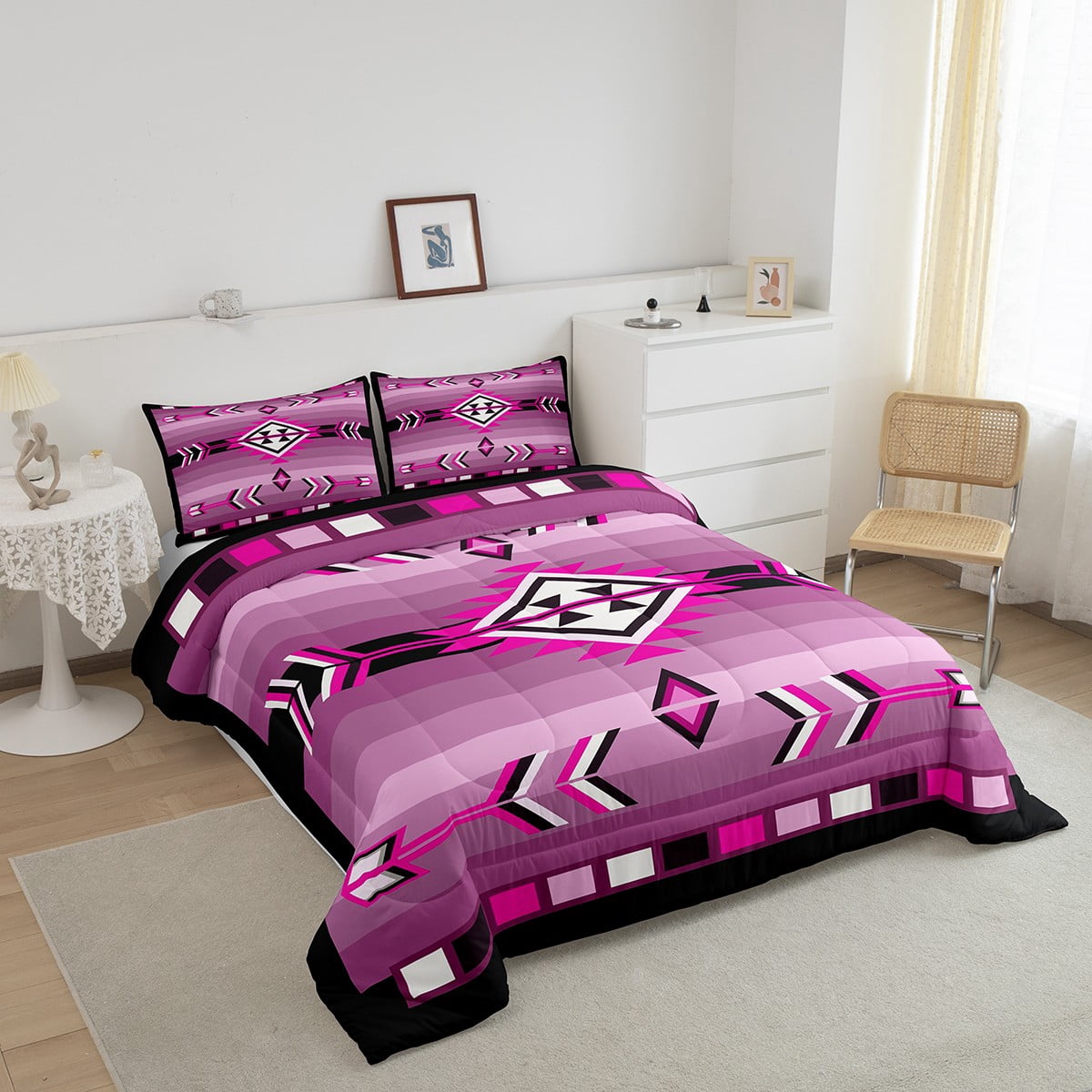 Western Aztec Quilt Set Pink Black Boho Comforter Set King Adults Women,American Southwestern Bedding Sets Exotic Tribal Geometric Bed Set 3 Pcs