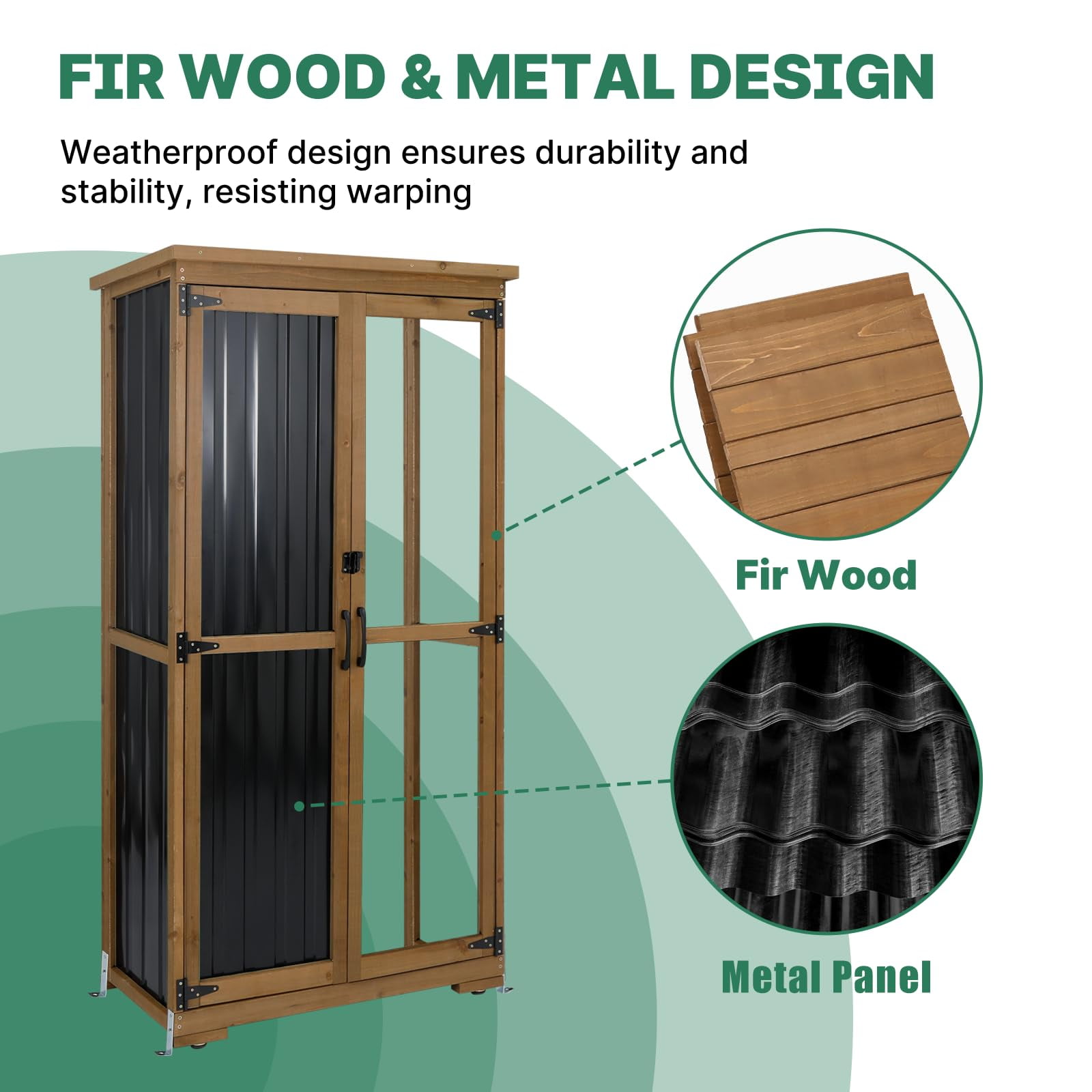 Gowoodhut Outdoor Storage Cabinet Wood & Metal, Tall Tool Shed with Weatherproof, Double Lockable Doors, Removable 3 Shelves, Adjustable Feet
