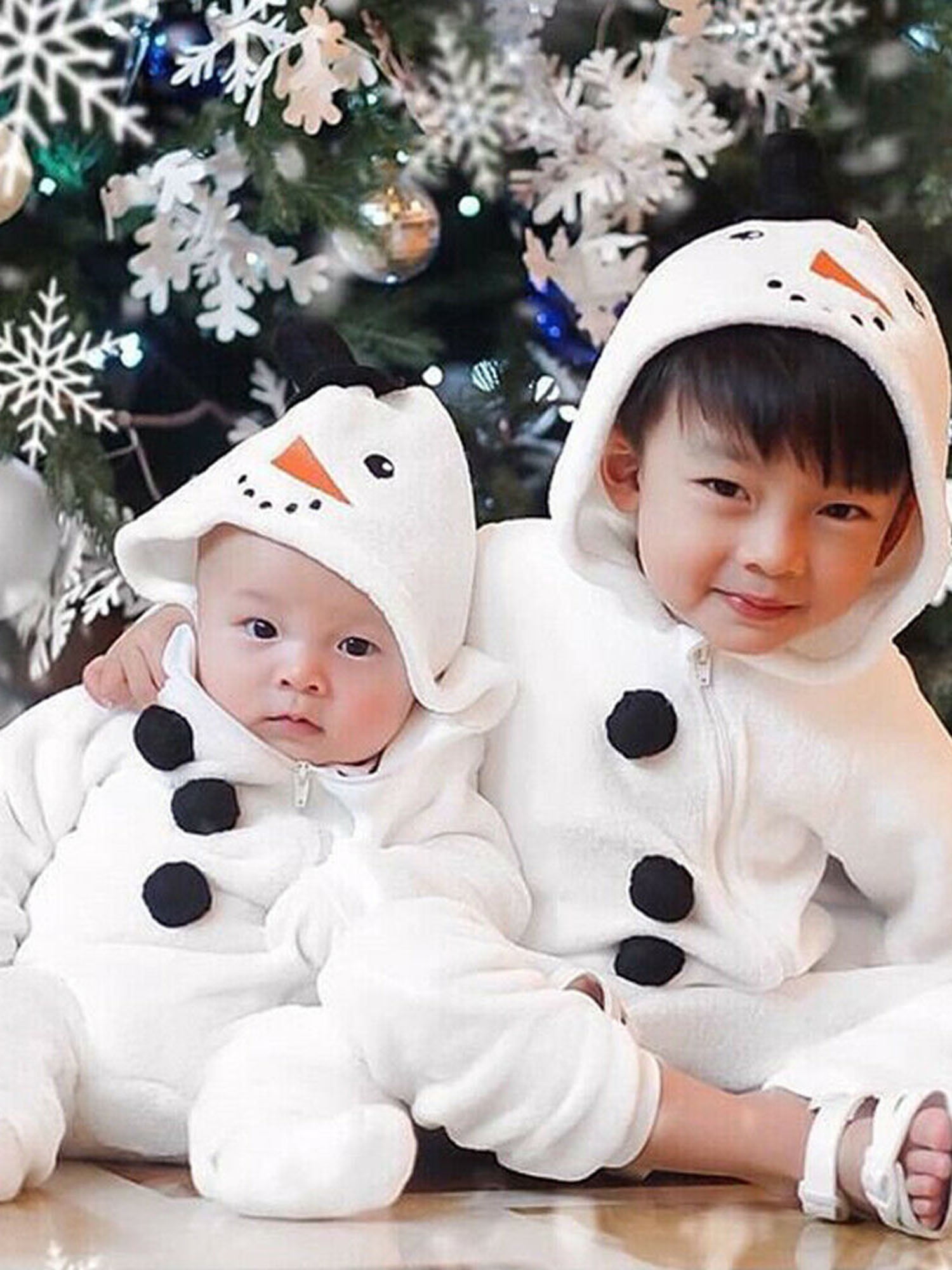 Baby Boy Girls Christmas Romper Velvet Hoodied Snowman Jumpsuit Toddler Pajama Xmas Clothes