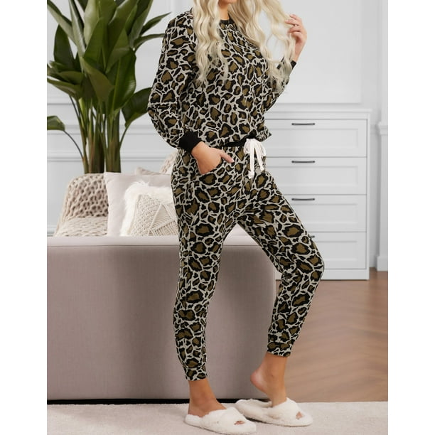 Women s Black Leopard Print Loungewear Set Walmart