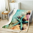 thumbnail image 2 of Ocean Beach Fleece Blanket Starfish Conch Shell Blanket Throw Teal Calm Sea Coastal Sherpa Blanket for Kids Girls Women Hawaiian Beach Holiday Fuzzy Blanket Twin 60"x80" Purple Yellow, 2 of 4