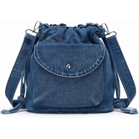 JennyShop Drawstring Lightweight Phone Purse Handbags, Fashion Small Denim Shoulder Crossbody Bag, Pretty Canvas Bucket Tote Bag