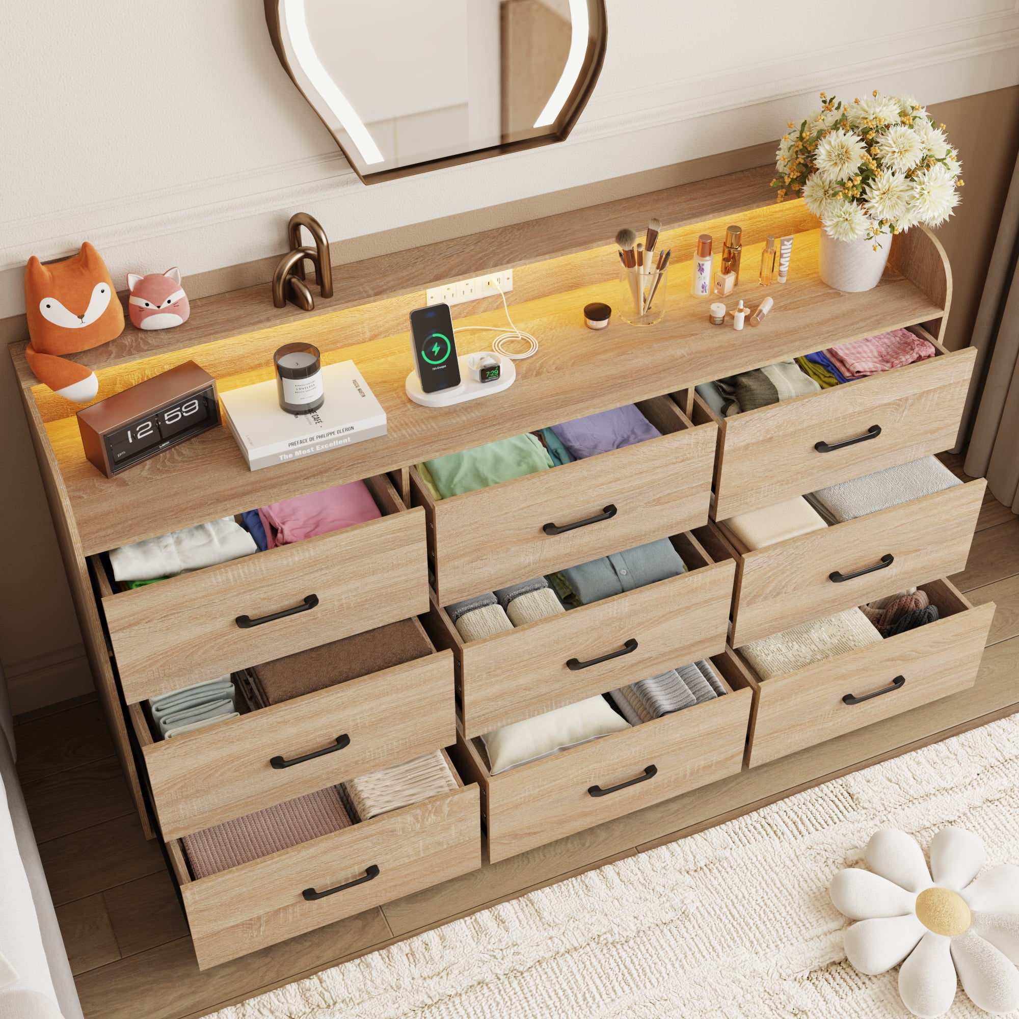 9 Drawer Dresser for Bedroom, 63" Large Long Wood dresser with Power Outlet, LED Light and Deep Big Drawers, Modern Minimalist Oak Dresser Wide Chest of Drawers for Bedroom, Living Room