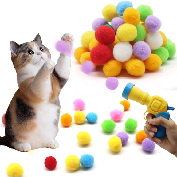 Hautllaif Cat Toy Ball Launcher Gun, Cat Fetch Toy Gun Shooter, Plush Ball Shooting Gun with 50Pcs Pom Pom Balls, Funny Interactive Cat Toys