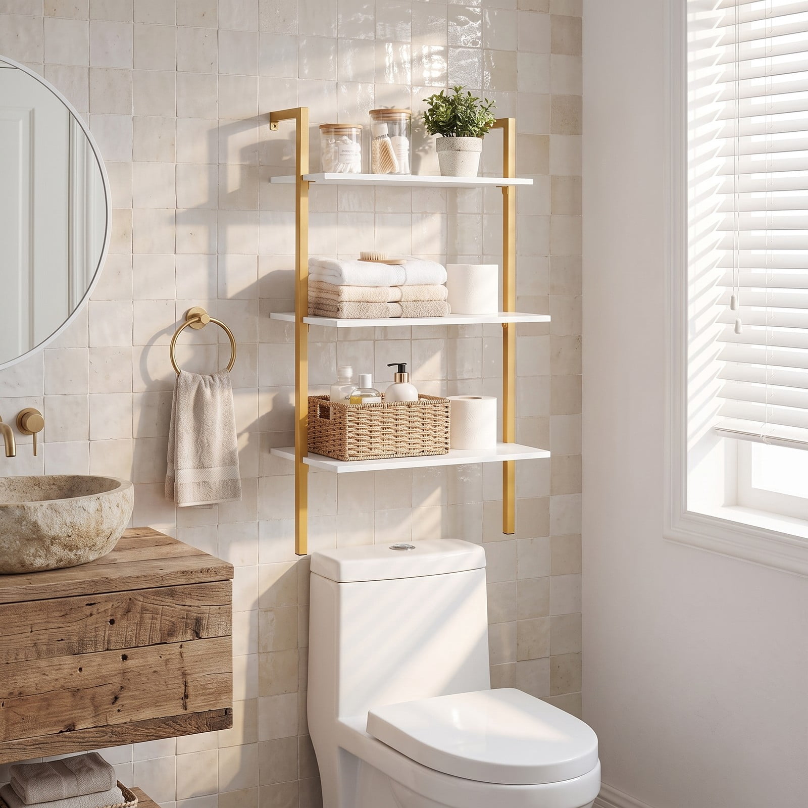 Furnibear 3-Tier Wall Mounted Floating Shelves, Modern Metal Ladder Bookshelf Wood Storage Display Shelving Unit for Kitchen Bathroom Living Room Home, Gold and White