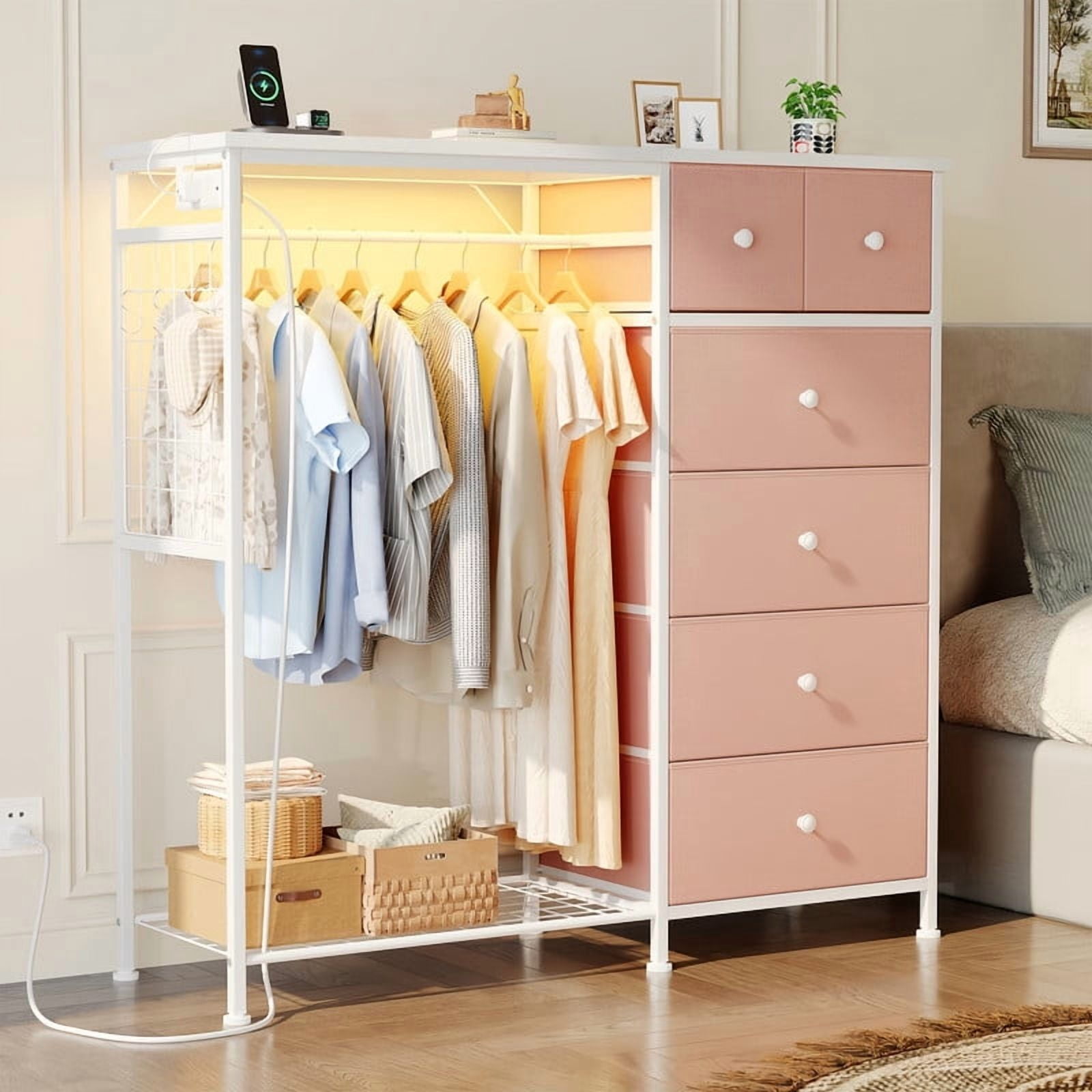 Kelno 6 Drawer Dresser with Hanging Rack LED Lights Charging Station Fabric Closet Organizer Storage Tower, Pink