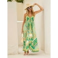 thumbnail image 3 of Women Boho Halter Maxi Dress Floral V Neck Sleeveless Loose Fit Backless Irregular Hem Long Holiday Vacation Dress Green XL, 3 of 7