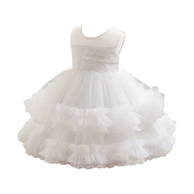 FAIWAD Robe Princesse en Dentelle Brodée Sans Manches à Col Rond pour Bébé Fille, Robe Bouffante en Tulle pour Mariage et Fête