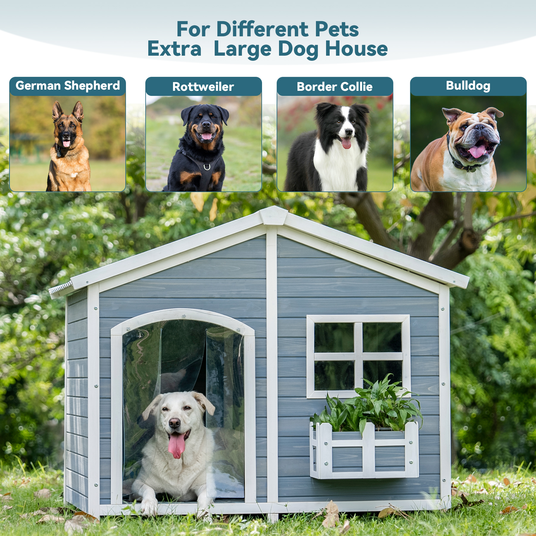 Petsfit 47" Dog House Outdoor with Waterproof PVC Roof, Extra Large Dog House for 2 Medium Dogs, Dog House Outdoor Large Breed, XXL Dog Houses with Window, Gray