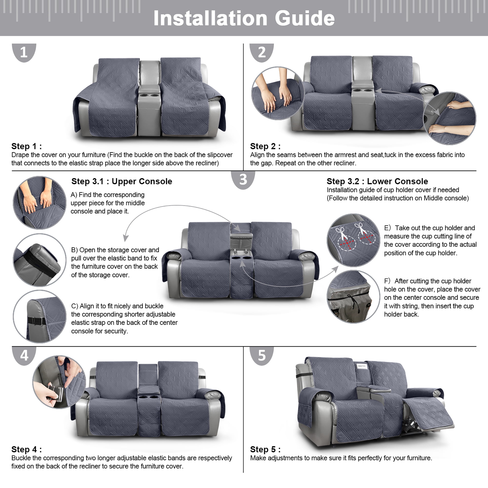 TAOCOCO Waterproof Loveseat Recliner Cover with Console, Non-Slip Pet Slipcover for Dual Loveseat Recliner Split Reclining Loveseat Cover,Dark Gray