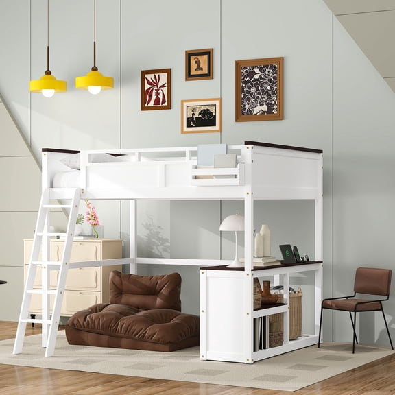 MODERNLUXE Queen Size Loft Bed with Desk and Shelves, Storage Bed with Cabinets and USB Ports, White