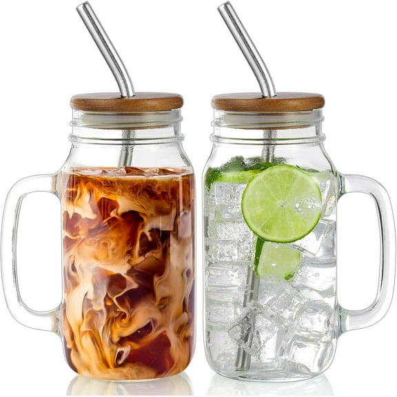 Glass Cups for Iced Coffee, 24oz Mason Jar with Lid and Straw, Mason Jar Coffee Cup, Mason Jars with Handle Drinking Glasses Set of 2