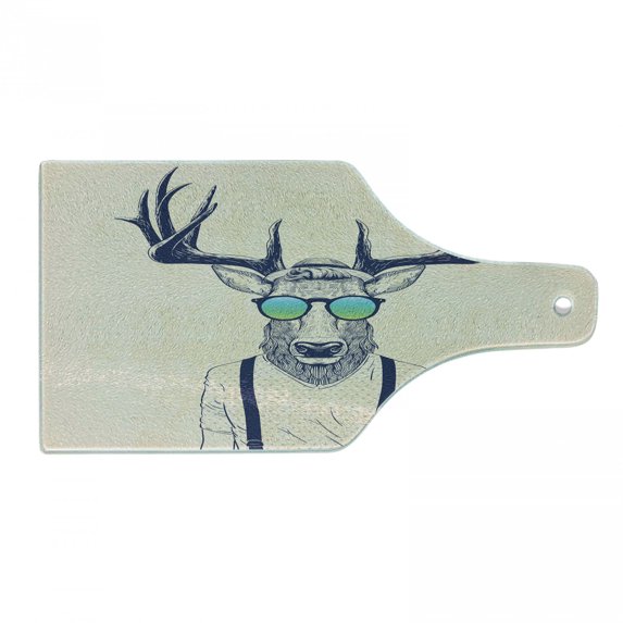 Antlers Cutting Board, Illustration of Deer Dressed up Like Cool Hipster Fashion Creative Fun Animal, Tempered Glass Cutting and Serving Board, Wine Bottle Shape, Beige Dark Blue, by Ambesonne