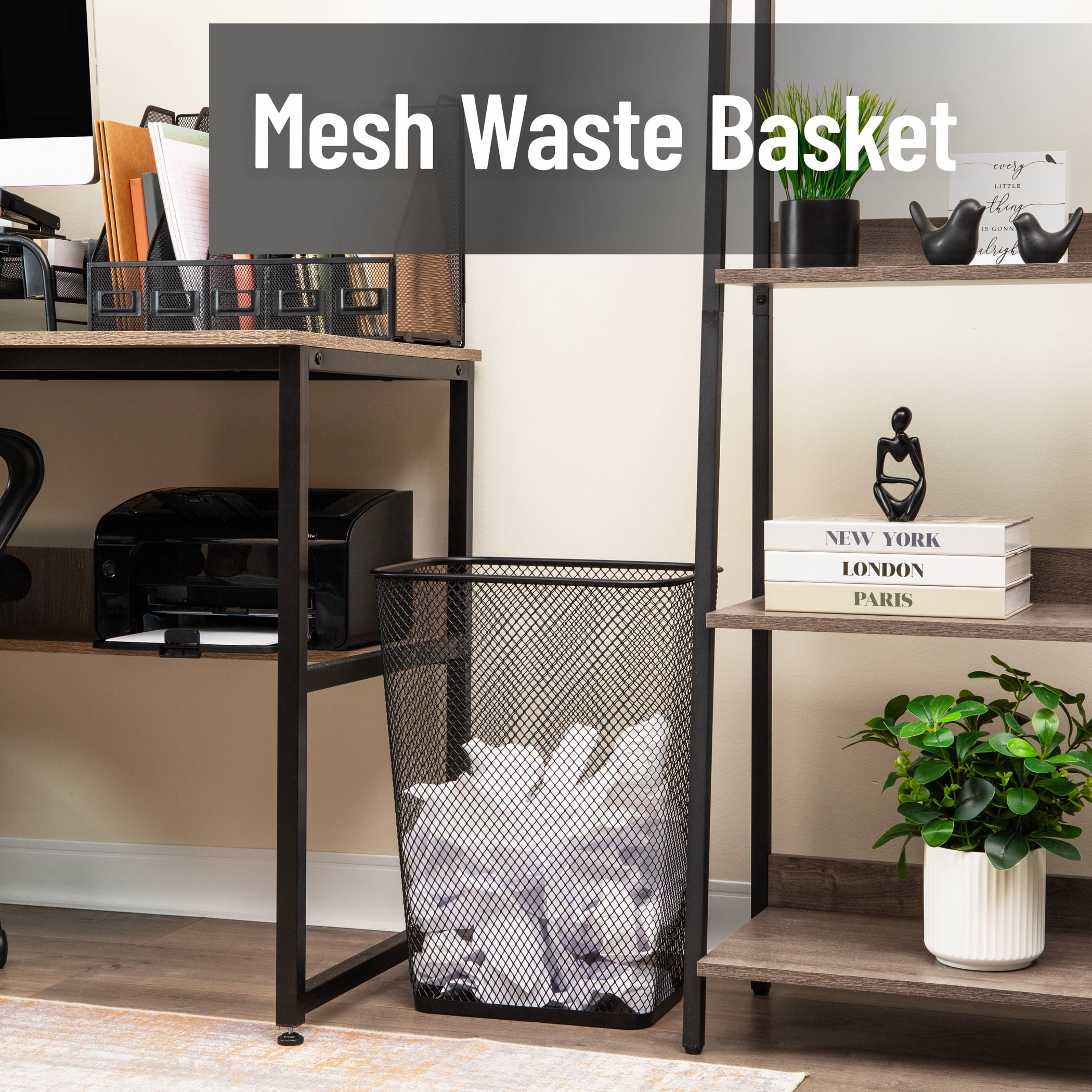 Mind Reader 10 Gallon Executive Waste Paper Bins, Solid Bottom, Non Slip Pads, Office and Home, Metal, Set of 2, Black