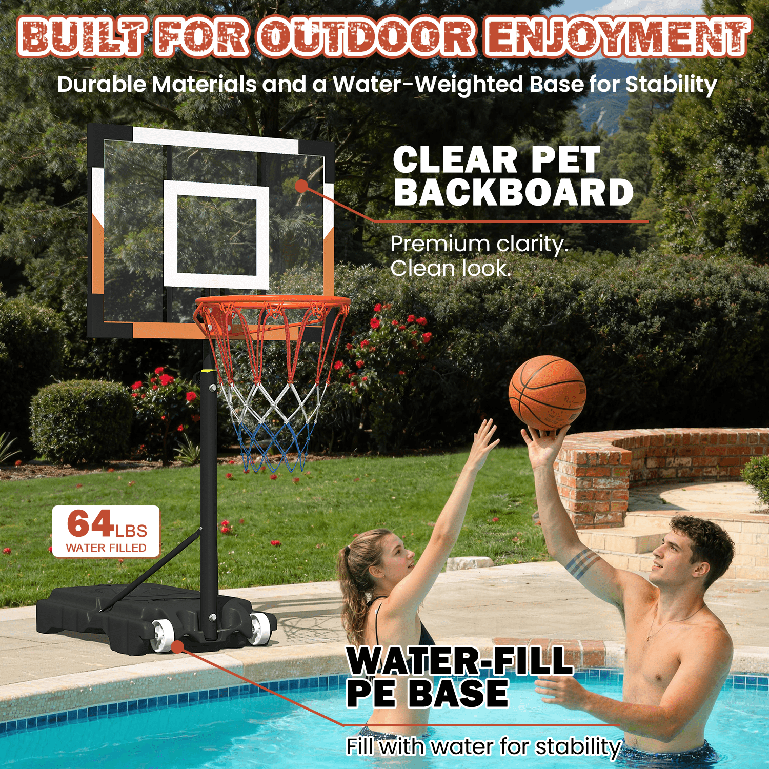 Bezliving Pool Basketball Hoop, Height Adjustable 3.9" to 6.9", Orange Steel Frame, Water Base, Includes Air Pump, 8-Inch Rubber Ball, Indoor & Outdoor Use