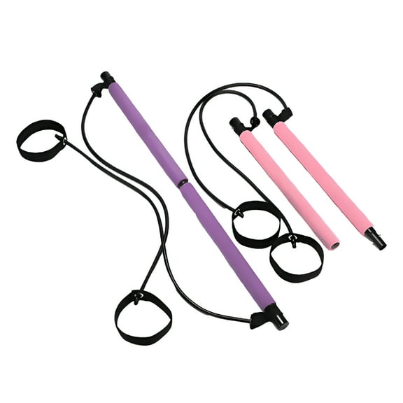 BESTSKY 2 Pcs Pilates Bar Home Gym Workouts Stainless Steel Stick Squat Yoga Pilates Flexbands Kit Pilates Bar Kit with Resistance Bands for Women & Men Pink and Purple