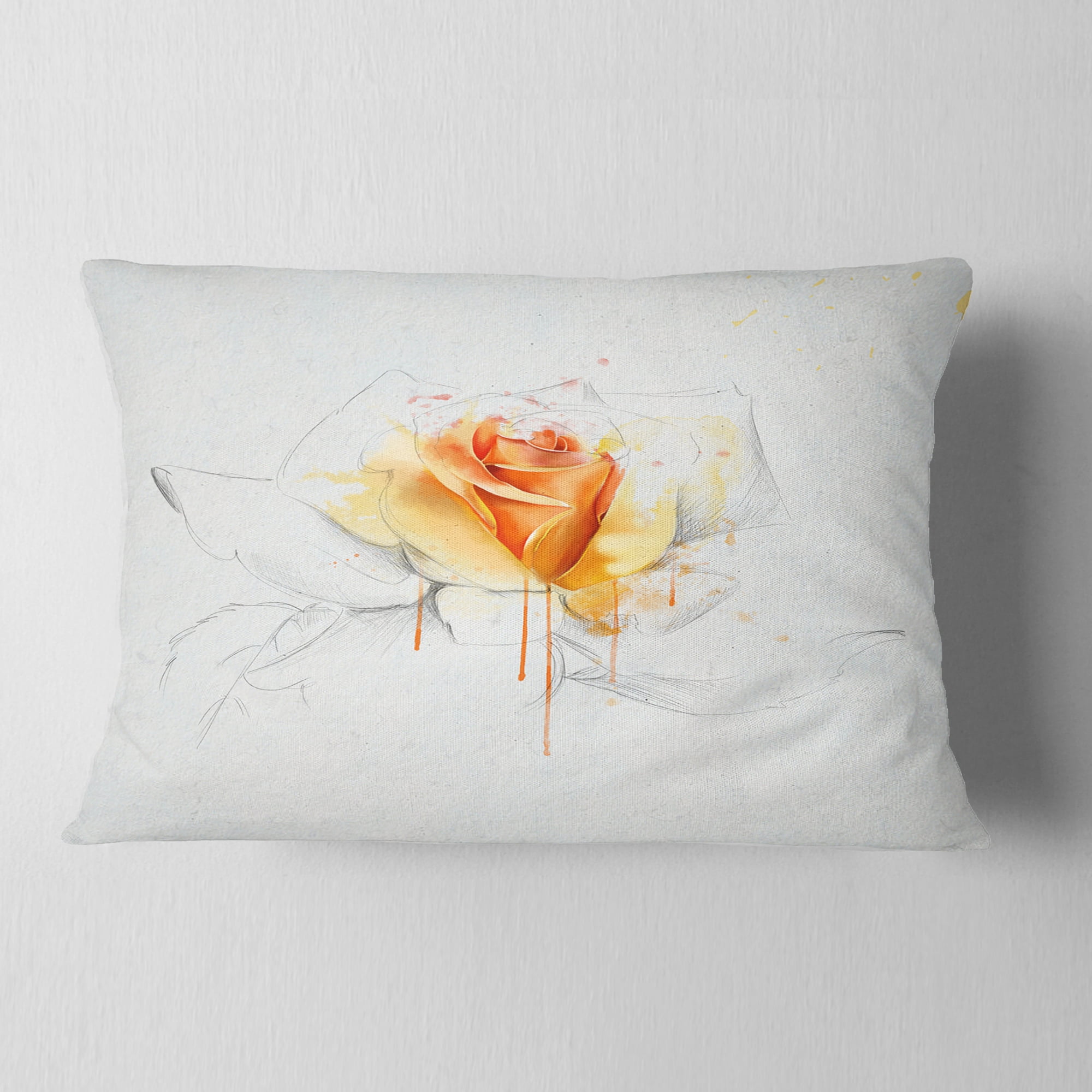 Designart Yellow Rose Sketch on White Back - Flower Throw Pillow - 12x20