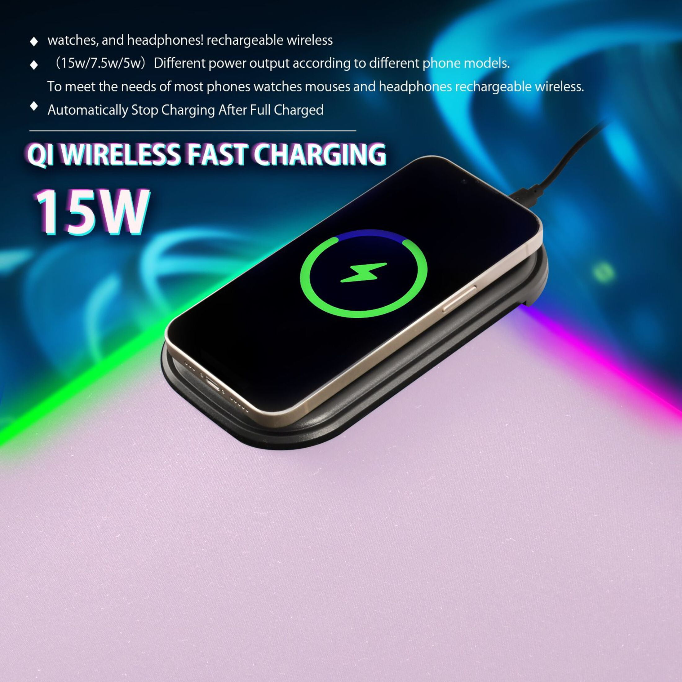 Wireless Charging Mouse Pad Large RGB Gaming Desk Mat 13 Light Modes Mousepad 31.5x11.8 Taro Purple