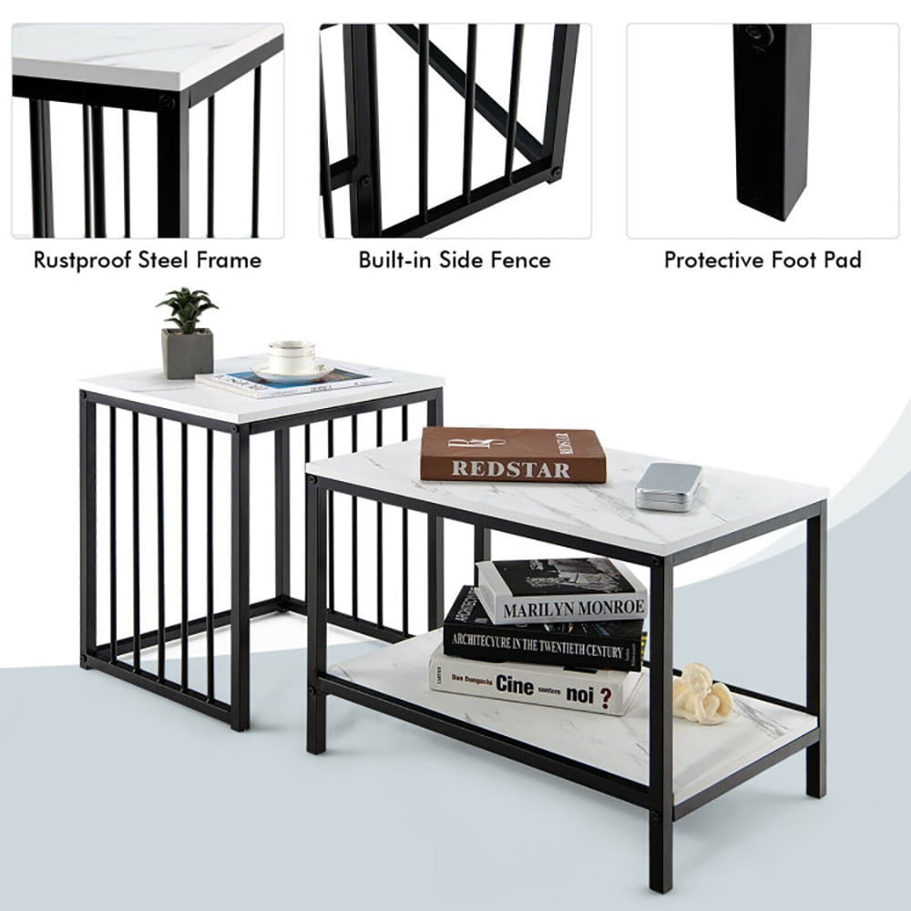 Finihen Rectangular Nesting Coffee Table, Modern Nesting Side Set, Set of 2 Nesting End Tables with Storage Shelf, for Living Room, Bedroom, Reception Room, White Finihen Rectangular Nesting Coffee Table, Modern Nesting Side Set, Set of 2 Nesting End Tables with Storage Shelf, for Living Room, Bedroom, Reception Room, White