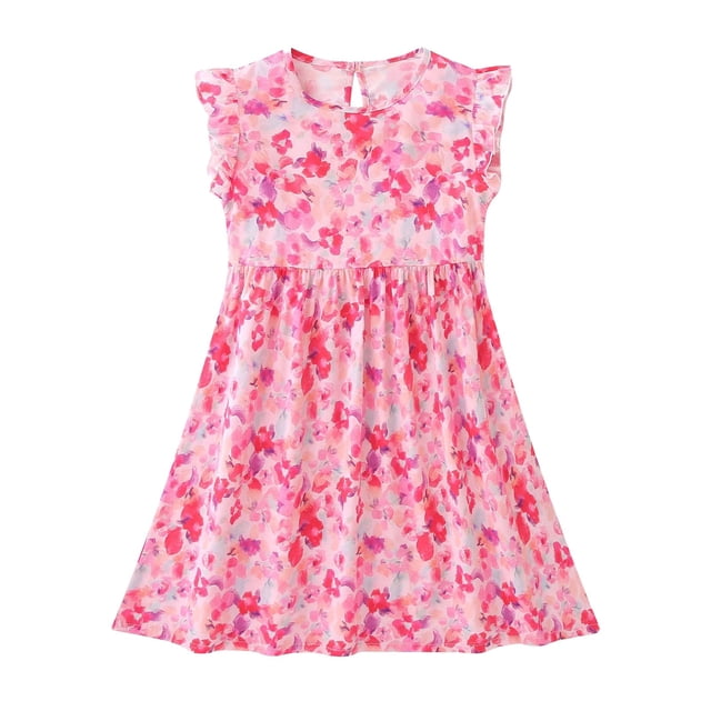 XIMIN Robe d'Été à Imprimé Floral pour Filles, Manches à Volants, Robe Midi Évasée Sans Manches, Robe Fluide de Plage pour Vacances, Tenue Décontractée Quotidienne (Rose Foncé, 2-3 Ans)