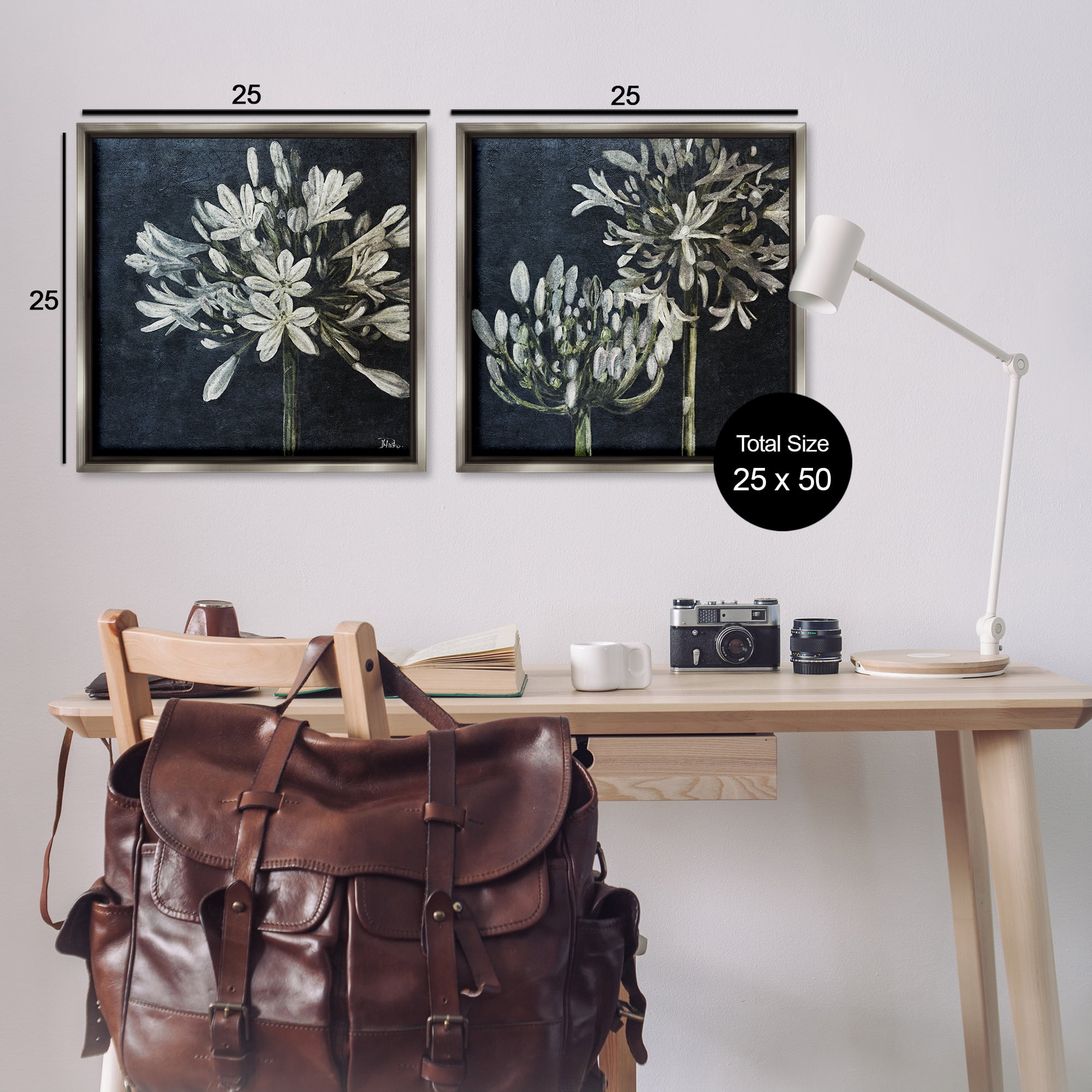 Stupell Industries Blossoming Flower Stem Plants & Flowers Painting Gray Floater Framed Canvas Art Print Wall Art, 25 x 25, Set of 2