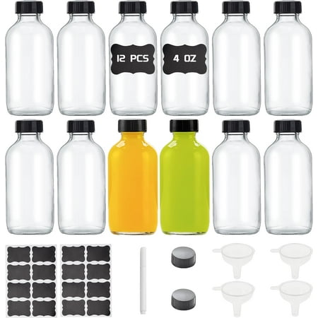 12 Pack Glass Juice Shot Bottles with Caps 4 oz, Small Shot Glasses with Lids for Juicing, Ginger Shots, Wellness Shot, Potion, Liquids