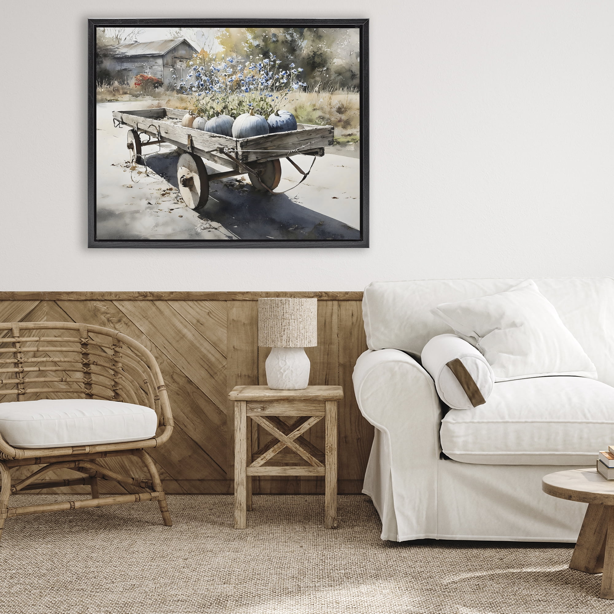 Stupell Industries Blue Pumpkin Wagon in Sunlight Black Framed Floater Canvas Wall Art, design by Franklyn Gregory