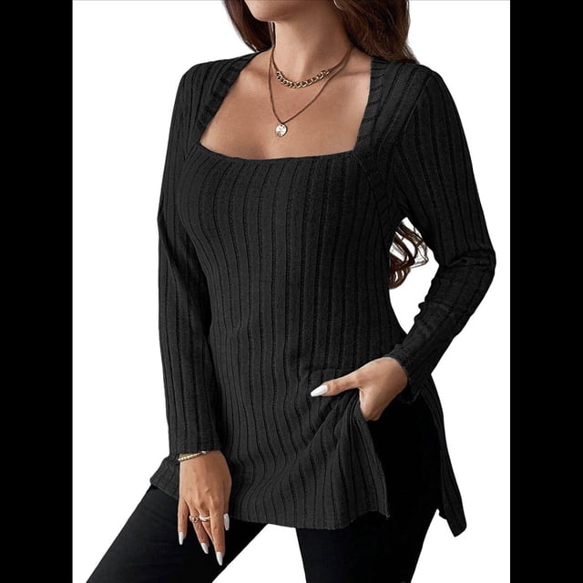Camisas de Larga para Mujer, Blusas Casuales Modernas con Cuello Cuadrado, Suéteres Ligeros. Negro XXL