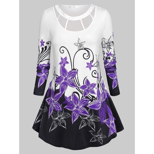 Camiseta con Estampado de Flores en Talla Extra Rosegal Mangas largas de talla grande