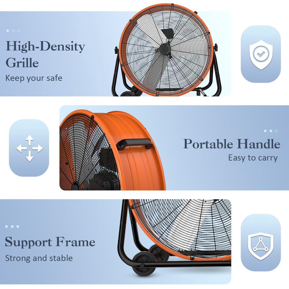 Nordic Hygge 24 in. High-Velocity 3-Speed Industrial Drum Fan with Wheels and Adjustable Tilt in Orange