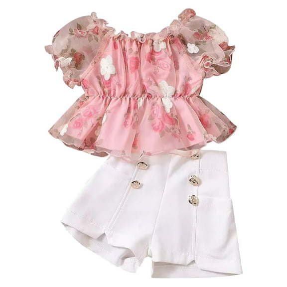 Mercatoo Toddler Girls Summer Outfit Puff Sleeve Floral Ruffle Tulle Tops and Shorts Clothes Set Kids Party Clothing