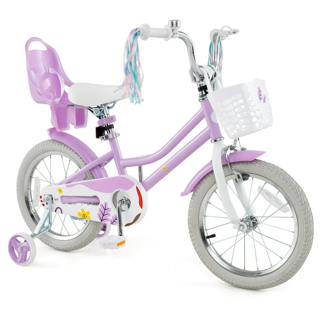 Gymax Vélo pour Enfants de 16 Pouces avec Panier, Siège pour Poupée, Rubans Colorés, Roues Stabilisatrices