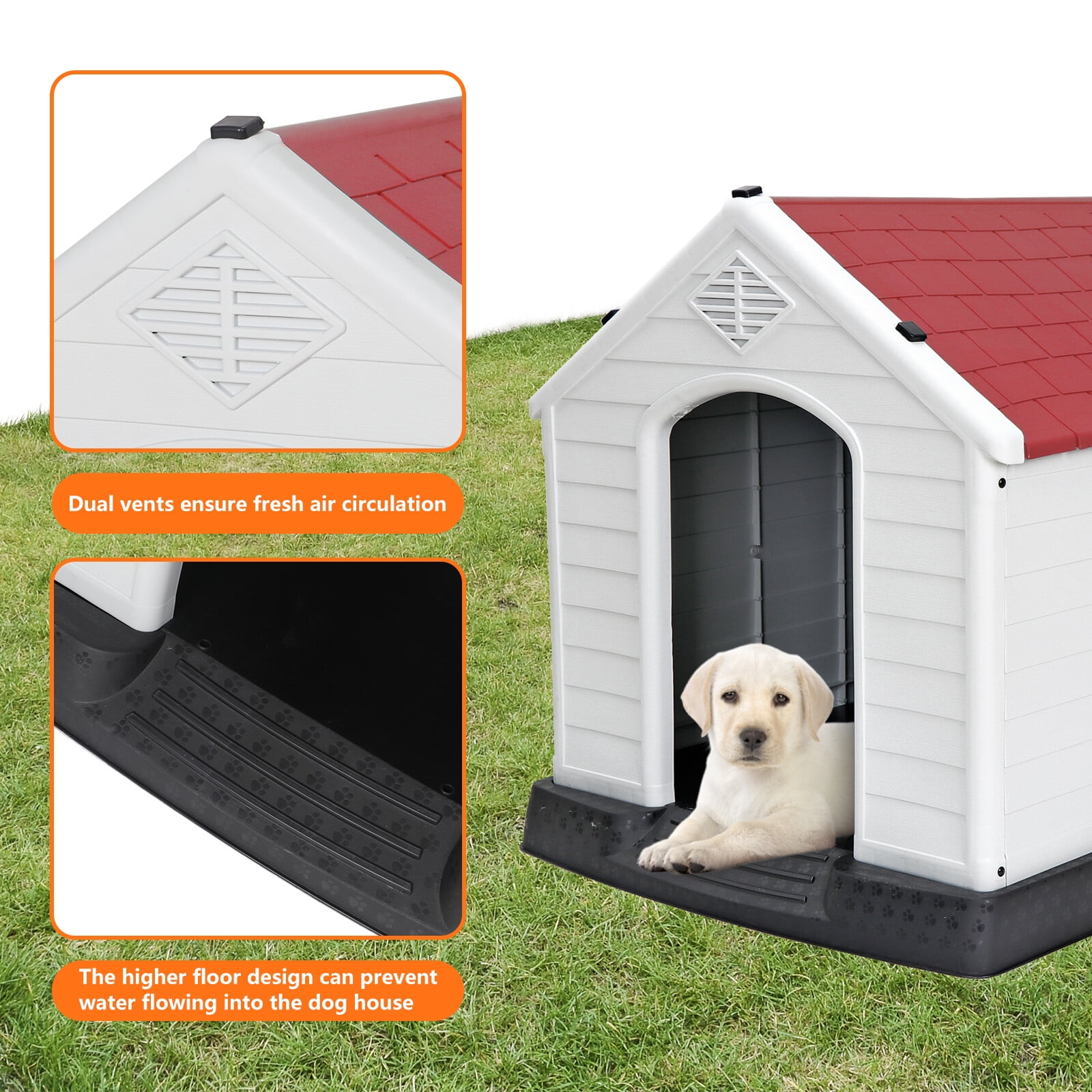 HomGarden 28-inch Plastic Dog House Medium Pet Puppy Shelter Waterproof Kennel Indoor Outdoor Red