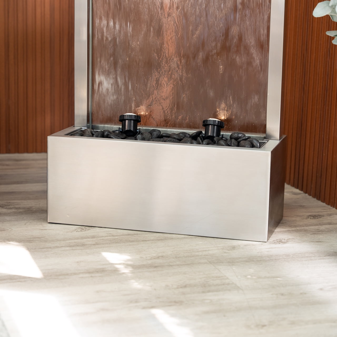 XBrand 68" H Freestanding Modern Indoor/Outdoor Waterfall Fountain w/ Decorative Rocks, LED Lights & Auto-Shut Off Pump, Stainless Steel Silver Frame/Mirror Glass, Silver