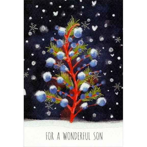 Pictura Red Tree : Green Needles : Blue Ornaments Son Christmas Card