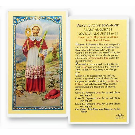 Saint Raymond Laminated Catholic Prayer Holy Card with Prayer on Back, Pack of 25