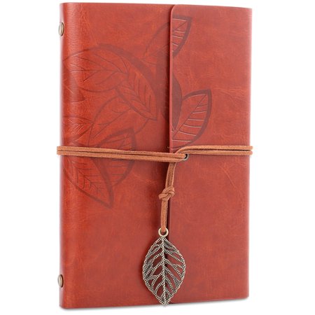 H&S Journal Notebook Plain Blank Pages Refillable Notepad Diary Brown Vintage PU Leather for Travel Girls Boys Women Men Adults - Leaf