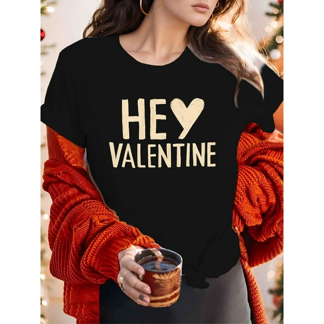T-Shirt à Manches Courtes Imprimé pour Femmes Tee Teediy Cœur Hey Valentine T-Shirt Confortable pour Femmes