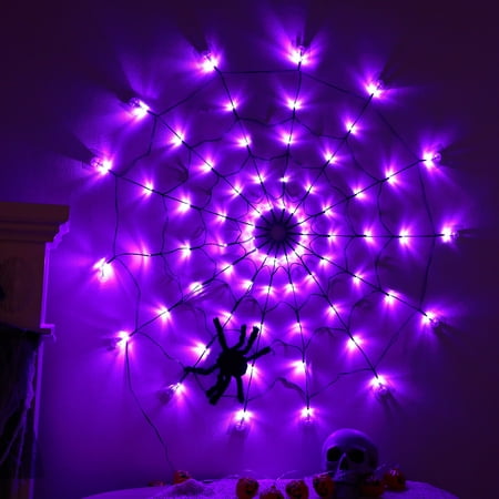 

Prettycamp Halloween Spider Web LED Lights 3.28FT Diameter Waterproof 70 LED Purple Lights Black Spider for Party Yard Decoration Lights