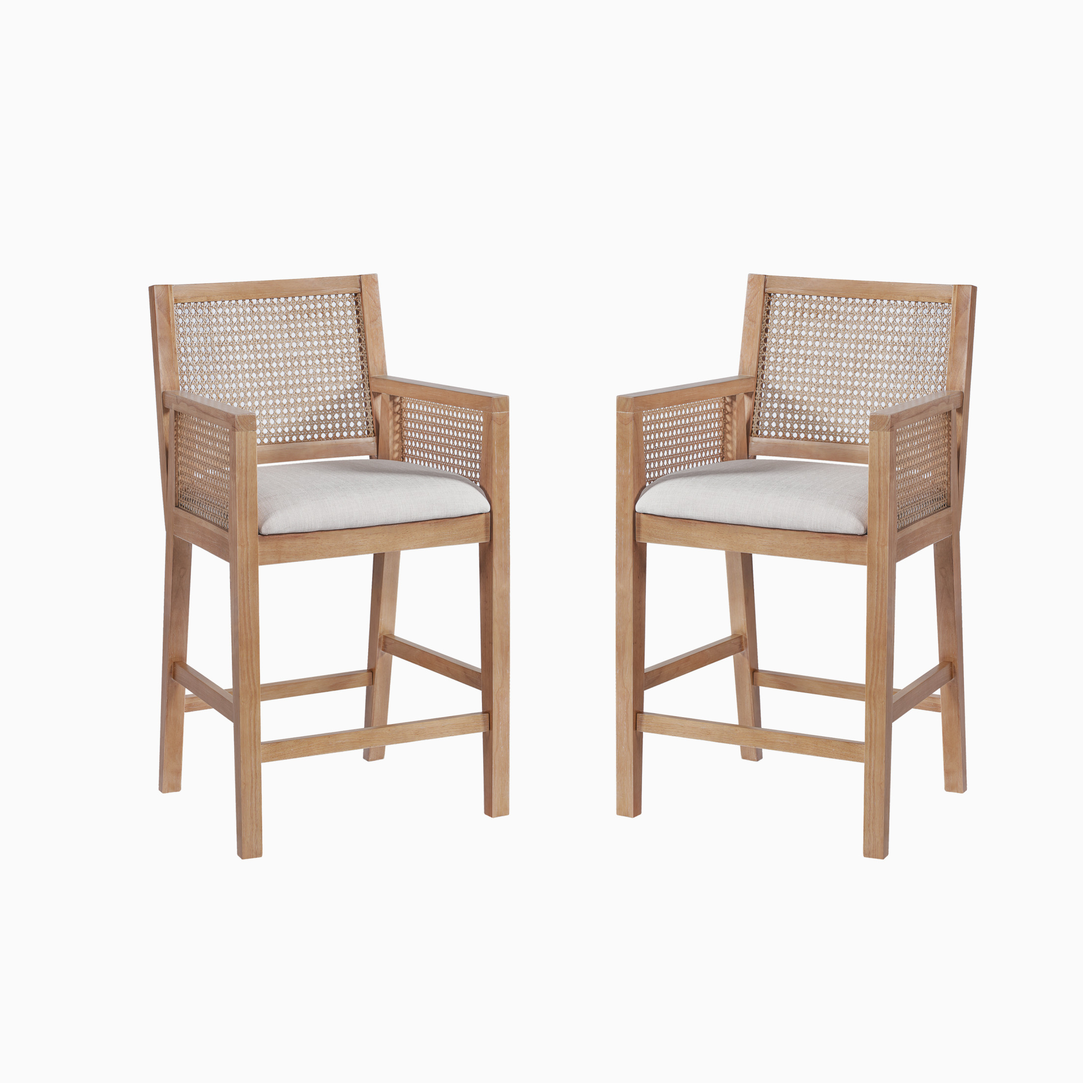Christopher Knight Home Natural Rattan & Solid Wood Counter Stools, 26" Seat Height, Gray Cushions, Set of 2
