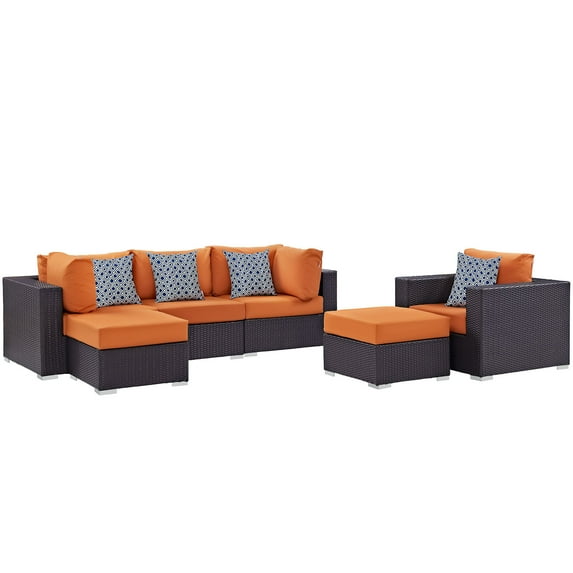 Modern Contemporary Urban Design Outdoor Patio Balcony Six PCS Sectional Sofa Set, Orange, Rattan