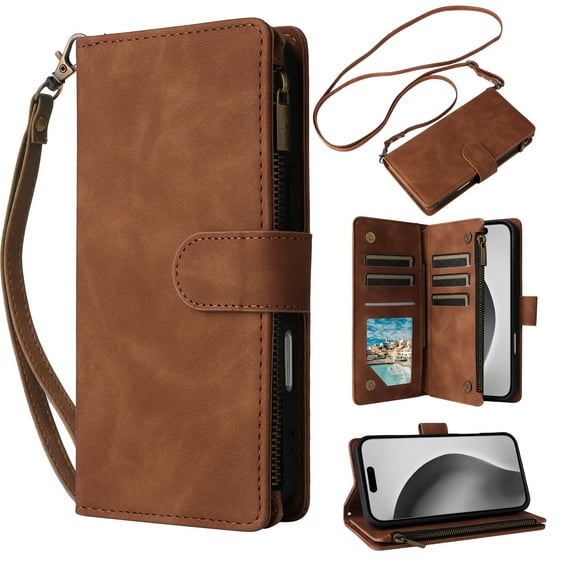 Dteck Crossbody Wallet Case for iPhone 17 6.3 Inch, 6 Card Slots Zipper Pocket PU Leather Stand Flip Cover with Lanyard Wrist Strap,Brown