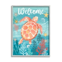 Stupell Industries Welcome Underwater Turtle Scene Animals & Insects Painting Gray Framed Art Print Wall Art, 16 x 20