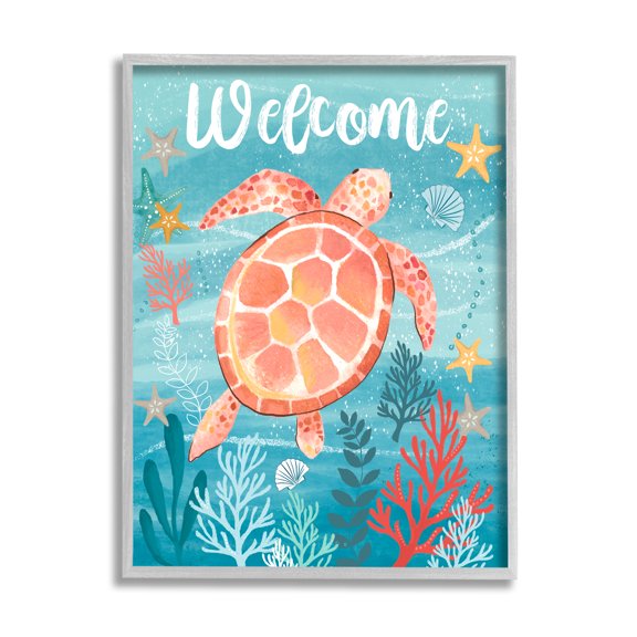 Stupell Industries Welcome Underwater Turtle Scene Animals & Insects Painting Gray Framed Art Print Wall Art, 16 x 20