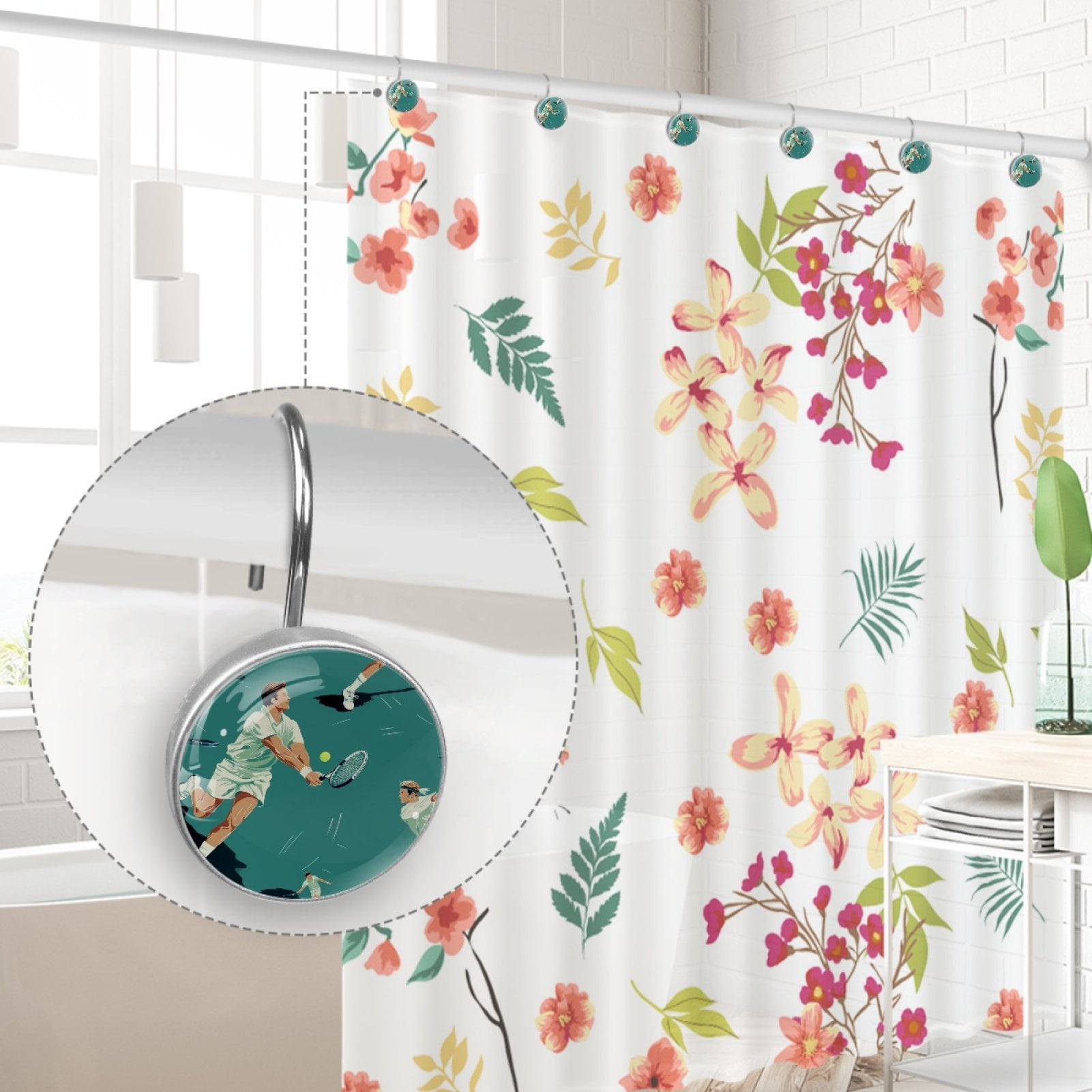 HemaKayy 12 Pcs Decorative Shower Curtain Hooks - Stainless Steel Rings for Bathroom Décor - Easy Glide & Secure Hold - Perfect Decoration for Bathroom Shower Rods - Tennis Balls