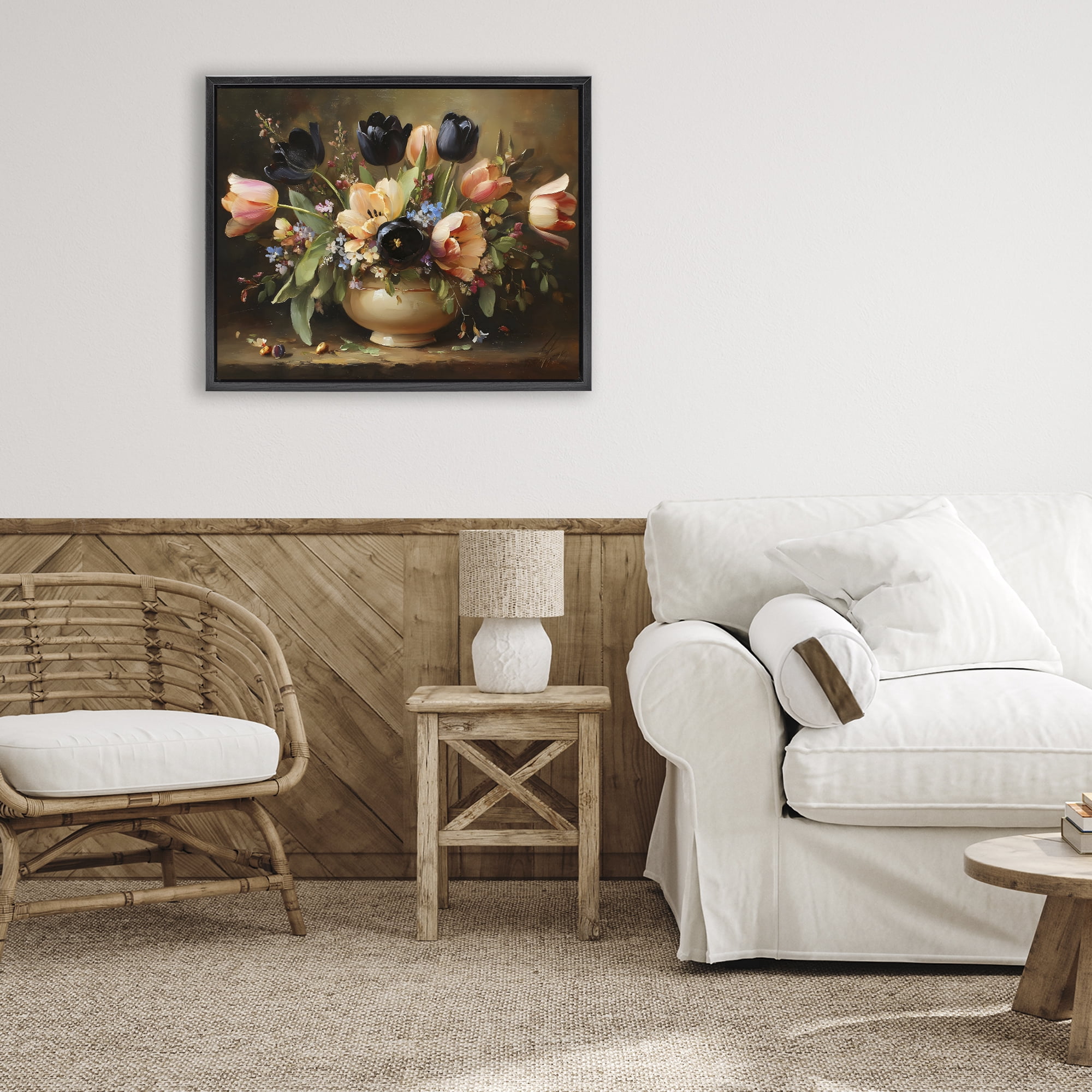 Stupell Industries Black Tulips & Peach Bouquet Black Framed Floater Canvas Wall Art, design by Franklyn Gregory