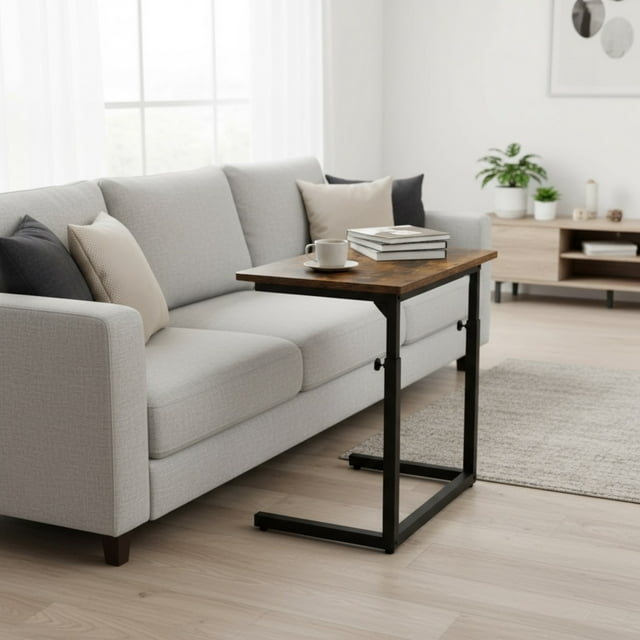 Tinymod Table d'Appoint en Forme de C pour Canapé et Lit, Table pour Portable à Hauteur Réglable, Brun Rustique