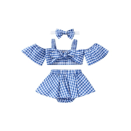 

Maemukilabe 3Pcs Little Girls Plaid Outfit Summer Knotted Off Shoulder Suspender Tops Skirt Splicing Shorts Headwear Blue 2-3 Years